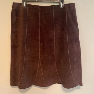 Chocolate Leather Suede Paneled Skirt w Shell  Pink Stitching & Scallop Hem 14